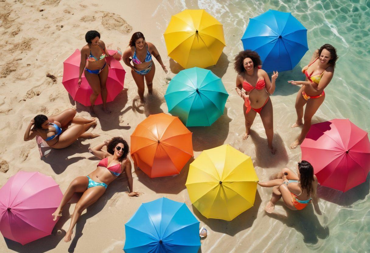 A diverse group of confident individuals of various body types enjoying a sunny beach day, each wearing vibrant and stylish swimwear that celebrates body positivity. The scene includes colorful beach umbrellas, clear blue water, and palm trees swaying in the breeze, creating a joyful atmosphere that radiates warmth and inclusivity. Include playful elements like beach balls and surfboards. vivid colors. super-realistic.
